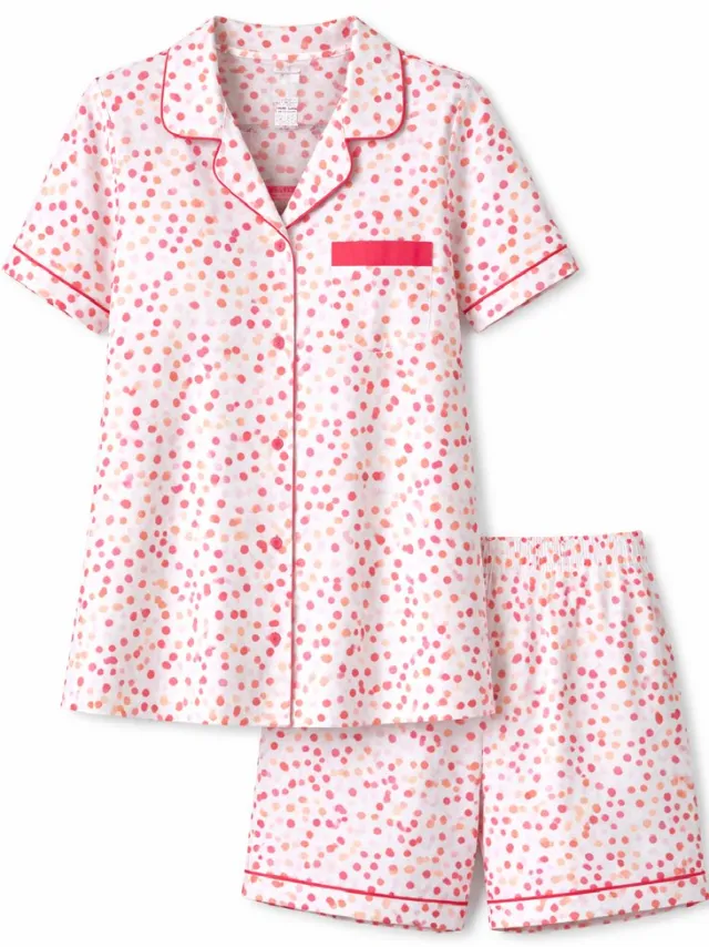 Comtessa Dames Shortama Met Doorknoop Jasje - Katoen - Pink Dots Wit, Roze
