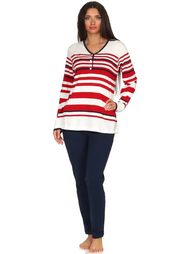 Normann Maritieme pyjama voor dames met lange mouwen in gestreepte uitvoering en met knoopsluiting rot