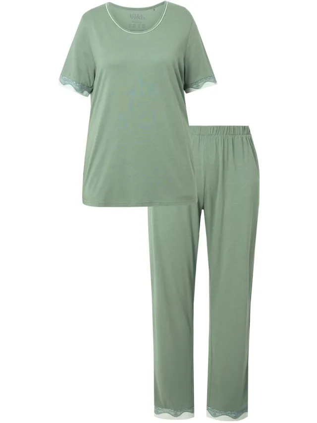 Ulla Popken Dames - Pyjama kanten randen ronde hals korte mouw - Kaki - Maat 46+
