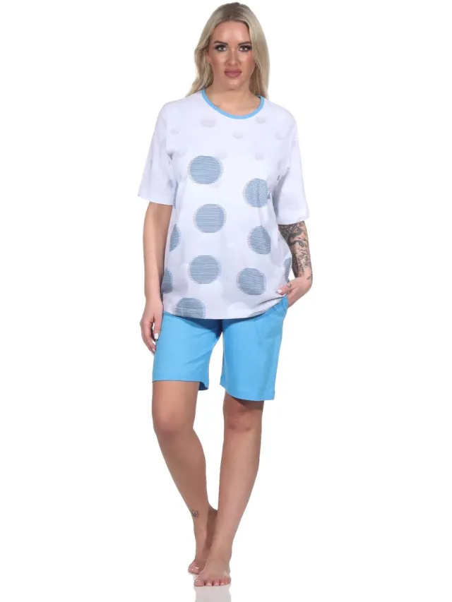 Normann Dames Pyjama Shorty met korte mouwen in Polka Dot Optics - Ook in Oversizes blau