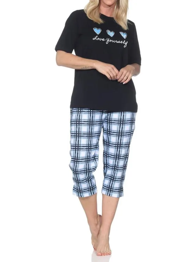 Normann damespyjama met geruite jersey capri pyjamabroek - ook in grote maten dunkelgrau