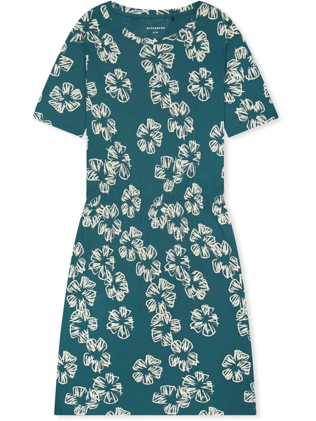 Schiesser dames Modern Nightwear nachthemd met korte mouwen - interlock - elastische tailleband - bloemenmotief - groen dessin