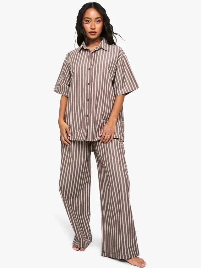 boohoo Dames Katoenen Tonale Gestreepte Pyjamabroek Chocoladebruin