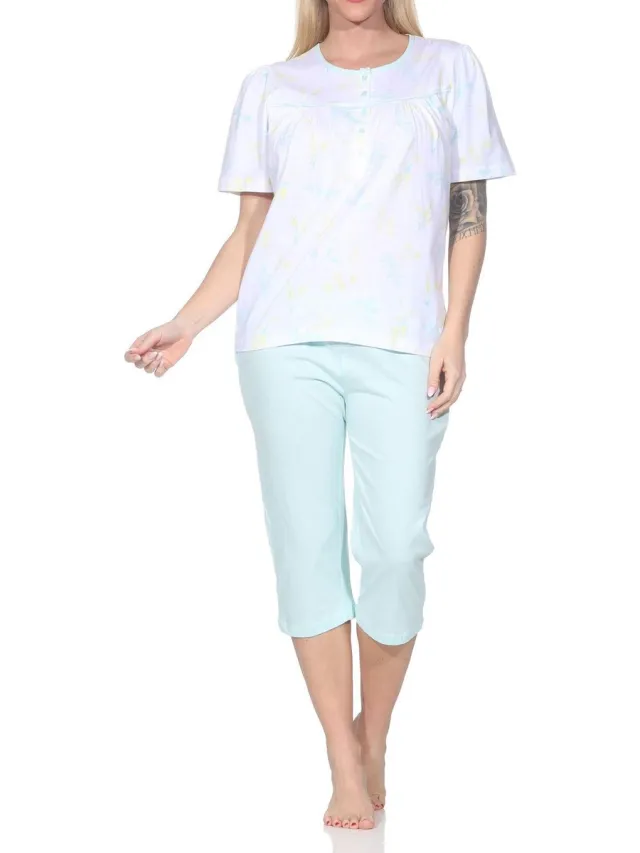 Normann dames vrouwelijke korte mouwen capri pyjama in klassieke look – ook in grote maten helltürkis