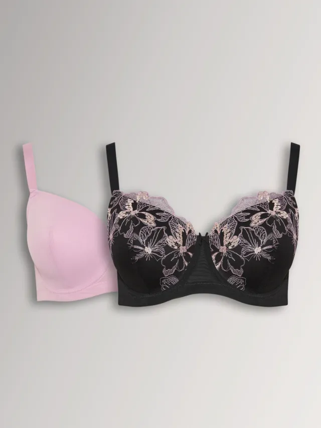 Yours 2 Pack Zwarte En Roze Gevulde Bh's Met Geborduurde Bloemenprint, foto 2