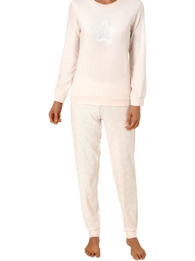 Normann Dames badstof pyjama's met lange mouwen, manchetten en sterretjesoptiek - 291 201 13 942 rose