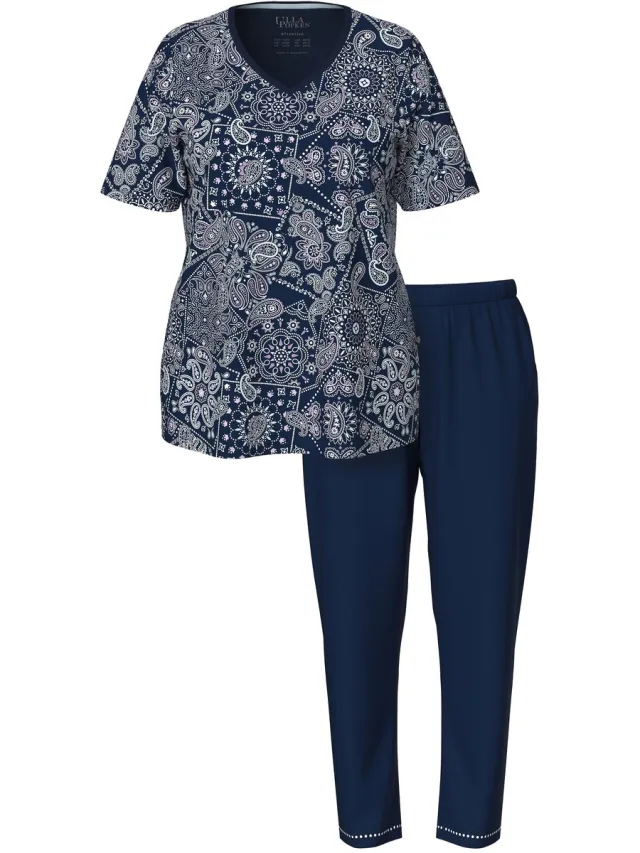 Ulla Popken Dames - Pyjama V-hals korte mouwen zakken - Nachtblauw - Maat 46+