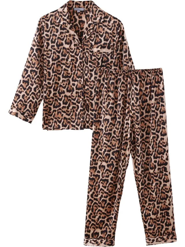 Emilie collection pyjama - pyjamaset lang - panterprint - Satijn Bruin