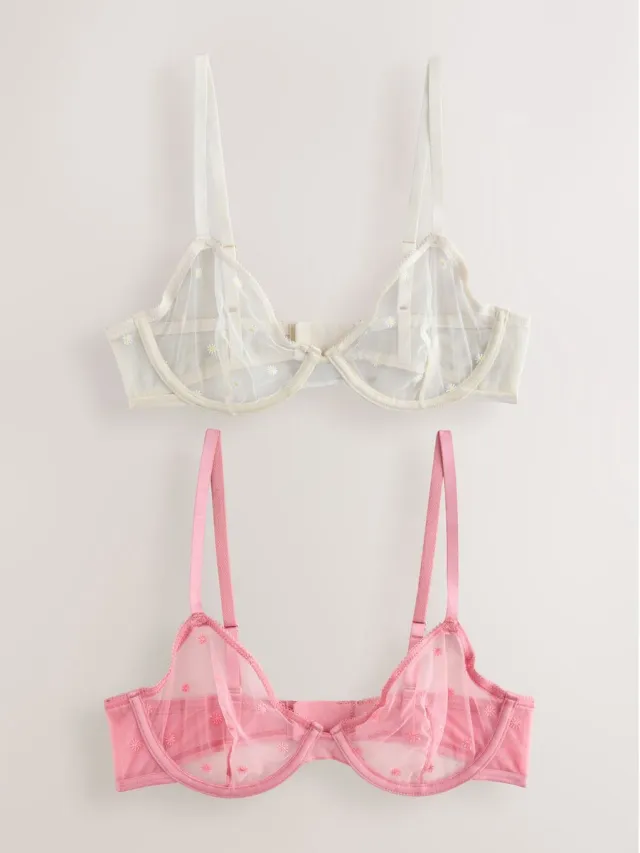Next Dames - Set van 2 kanten balkonbeha's met borduursel zonder vulling - Roze Coral/Ecru