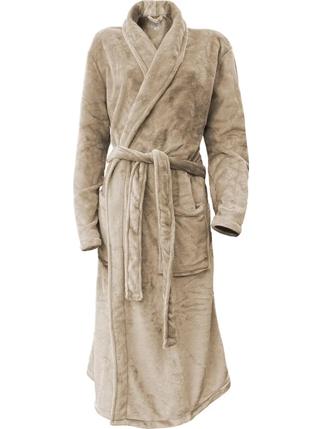 LINNICK Flanel Fleece Uni Badjas - Shady Sand - L - Badjas Dames - Badjas Heren Zand