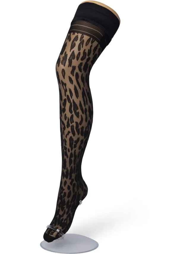 Bonnie Doon Dames Hold Up met Panterprint maat L/XL Zwart - 30 Denier - Brede Band met Siliconen - Zakt niet af - Zelf Ophoudende Panty zonder Broekje - Siliconenrand - Blijven Perfect Plakken - Panty Kousen - Black - BP201701.101