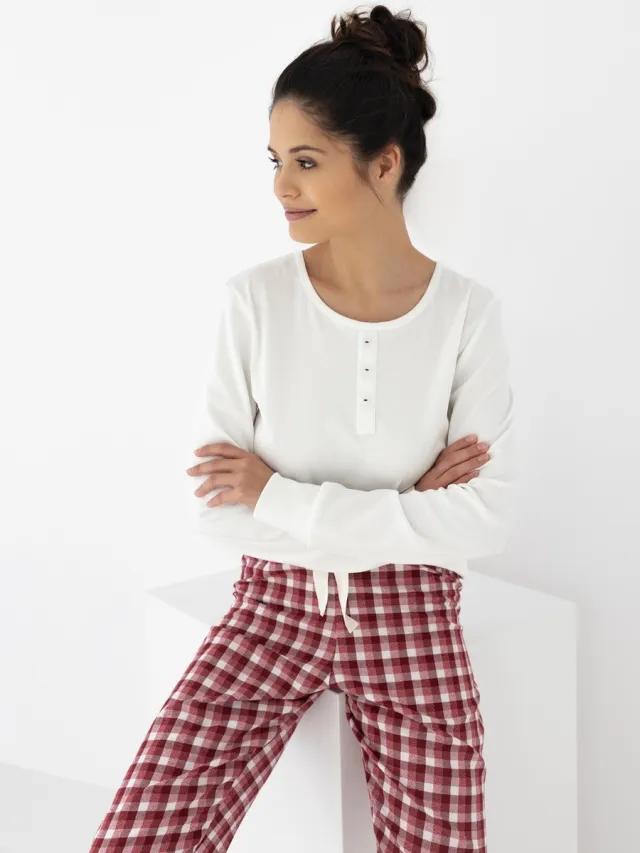 S& Sensis Sensis Warme Dames Pyjama Flanel Interlock Wit Bordeaux Olympia 42 /