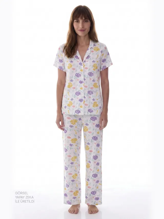 Penti Off-White Bloesem Bloemig Korte Mouw Shirt Broek Pyjama Set Veelkleurig
