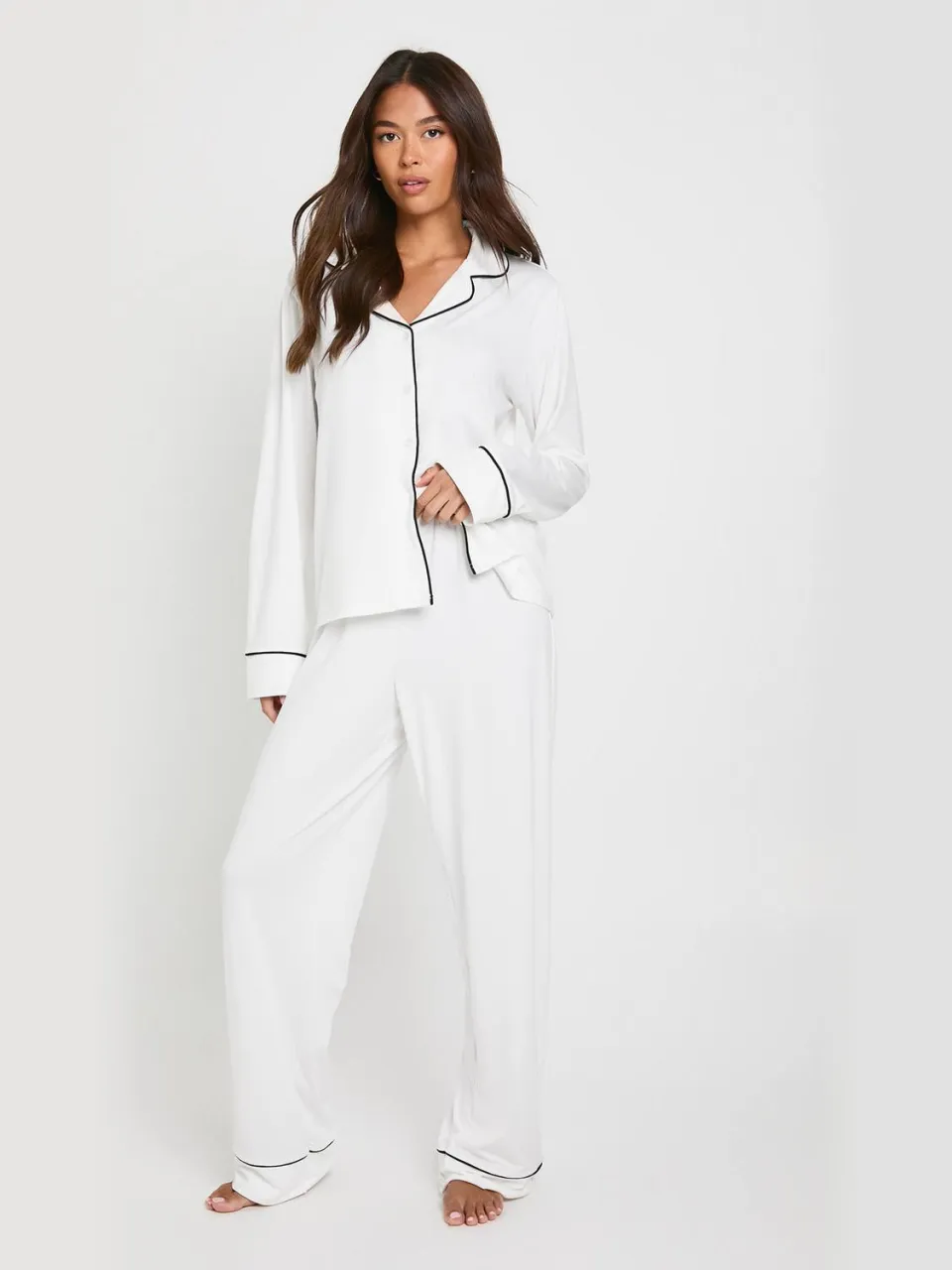 boohoo Dames Jersey met pijpdetail langarmhemd & broek pyjamasset wit, foto 3