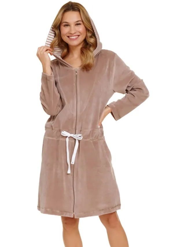 Doctor Nap Velours Badjas Dames Met Capuchon Rits en Zakken Beige SWO.1008