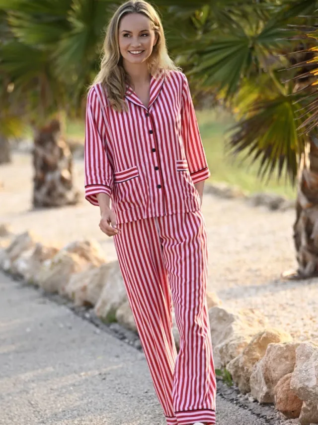 Ringella Roze gestreepte doorknooppyjama - Rood - Maat - 42