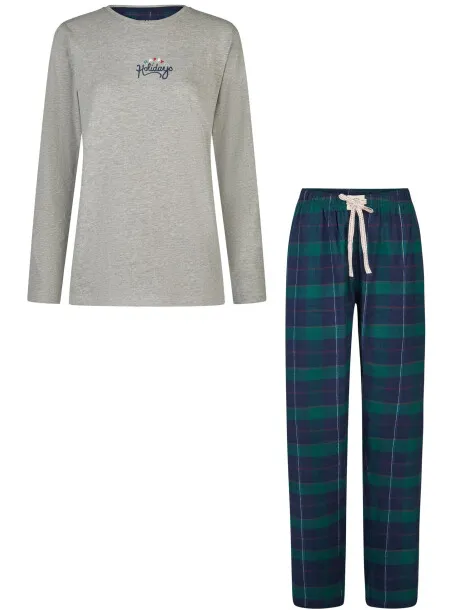 Happy Shorts Dames kerst pyjama set shirt + broek grijs/groen geruit, foto 2