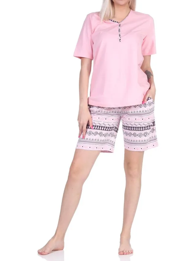Normann Dames shorty pyjama met korte mouwen in etnische look - ook in oversized - 122 205 226 rosa