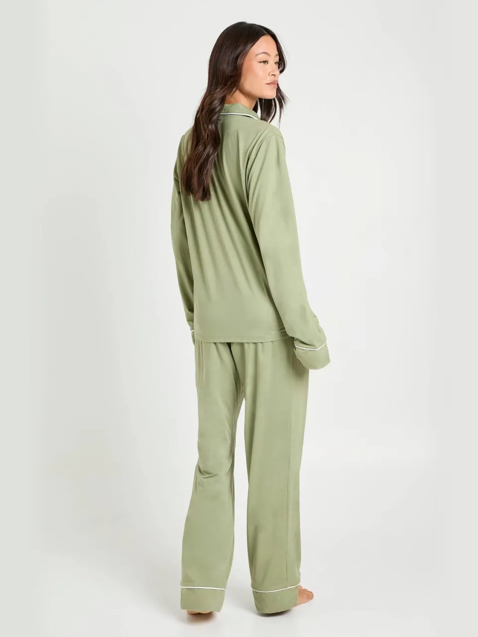 boohoo Dames Lang jersey met pijpdetail overhemd met lange mouwen & broek pyjamaset verstandig, foto 3