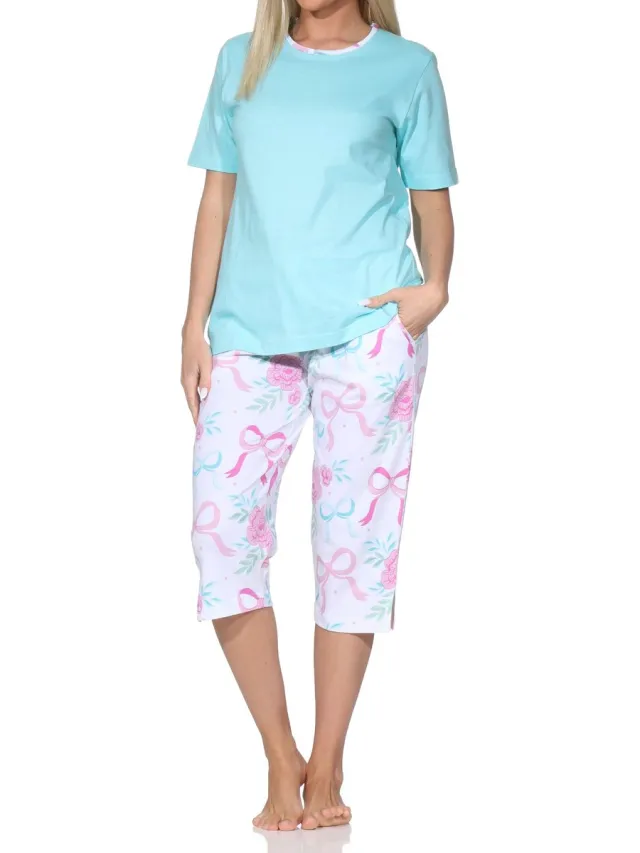 Normann dames capri shortama met korte mouwen – romantisch strik- & rozen-design türkis