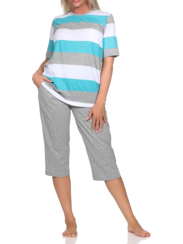 Normann Dames Capri Pyjama Korte Mouwen Blokstreep - Ook in Oversizes grün