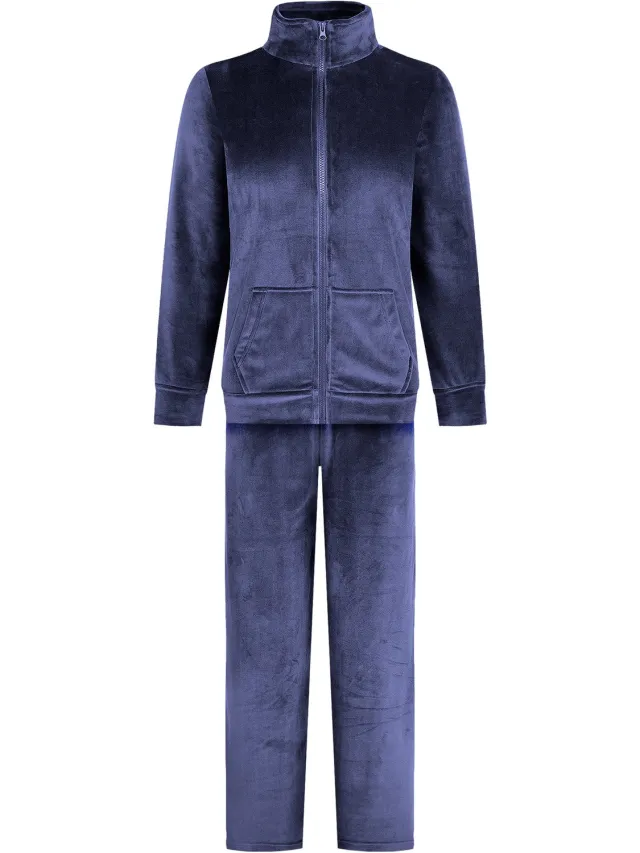 GAUBERT Dames Velours Fluweel Huispak met Rits Hoge Kraag - Loungeset - Joggingpak - Trainingspak - Loungewear Dames - Navy Blauw - 2603-Blue Hoge Kraag met Rits, Navy Blauw