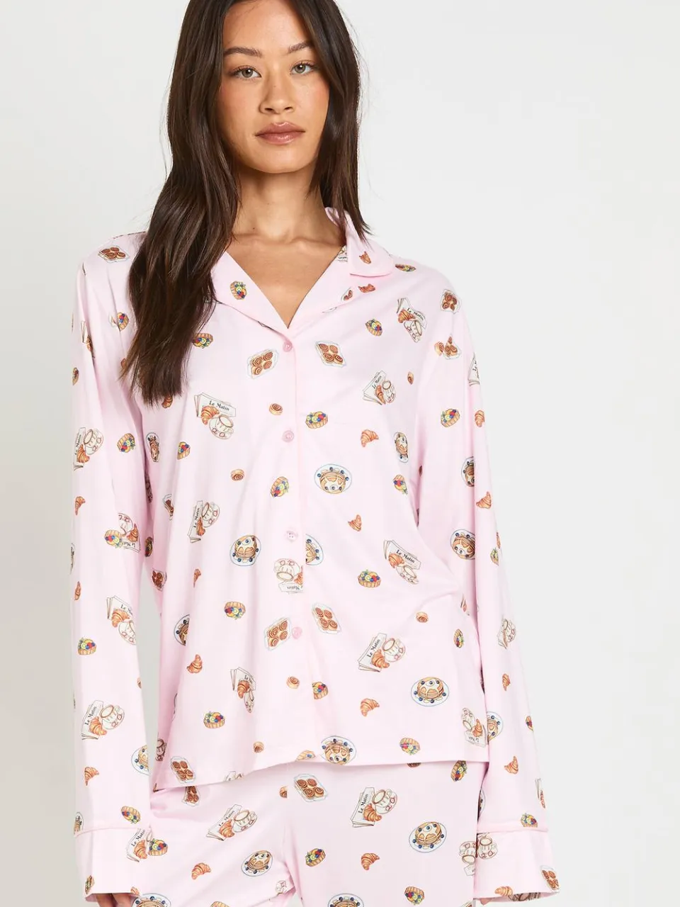 boohoo Dames Lange Pyjama Set Met Ontbijtprint, Paspeldetail, Lange Mouwen & Broek baby roze, foto 2