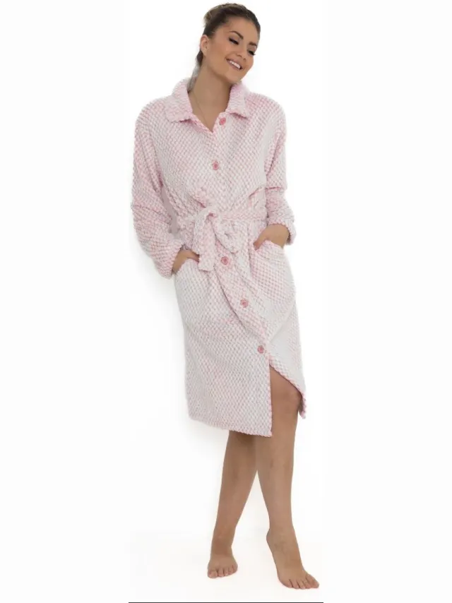 Cocodream Collections Badjas met knopen – dames badjas fleece – met knoopsluiting – zacht & warm - lichtroze