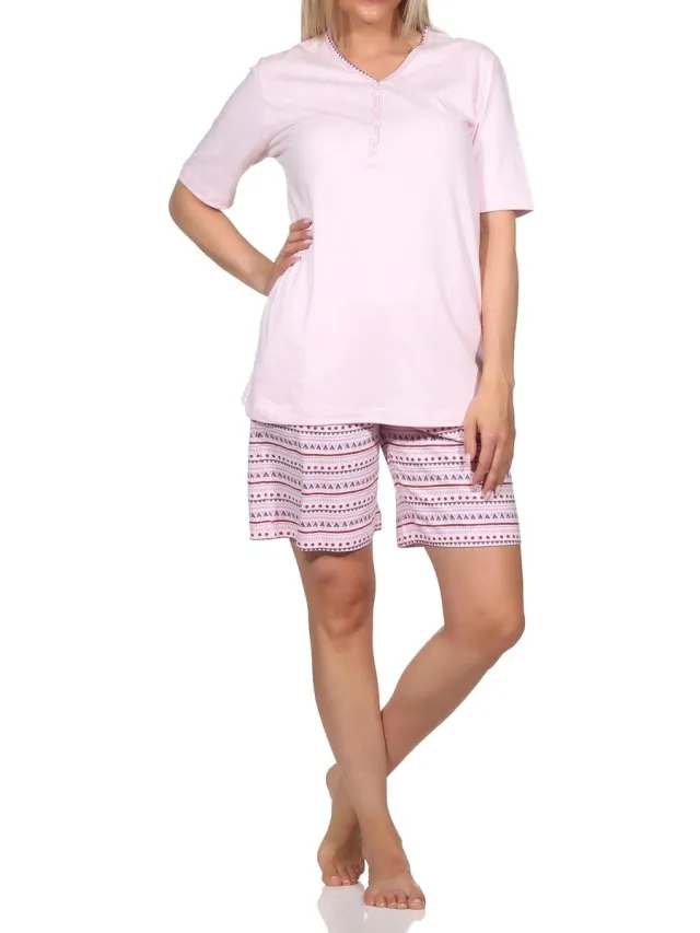 Normann dames pyjama shorty met korte mouwen in Ethnolook - Ook in oversizes rosa1