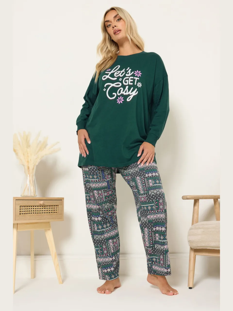Yours Green 'Lets Get Cosy' Fairisle Pyjamaset Met Wijde Pijpen-44