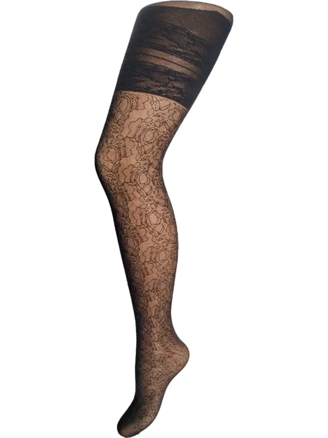 Bonnie Doon Grote Maten Kant in Bloemen Motief Panty Flower Lace Curvy Tights Blauw maat 56/58 5XL - Versteviging bovenbeen - Katoenen kruisje - Elegant voor Maatje meer - Kant in Bloem motief - Comfortabele Pasvorm - Navy - BP241905.102 Navy Blauw