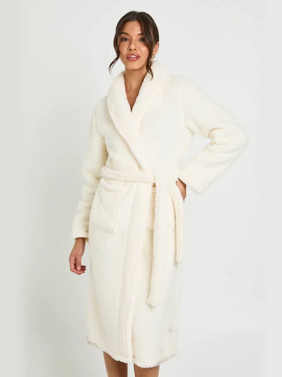 boohoo Dames Sherpa Fleece Lange Ochtendjas crème, foto 3
