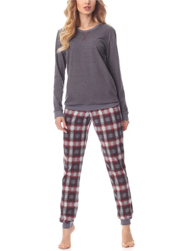 Merry Style MS-MS10-168-PJ Dames Pyjama - ronde hals - lange mouwen - lange broek met zakken - Katoen - Donker Gemêleerd/Bordeaux