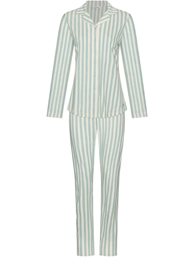 Pastunette Nordic Leaf - Pyjama - Doorknoop - Katoen - Wit/Groen - Gestreept