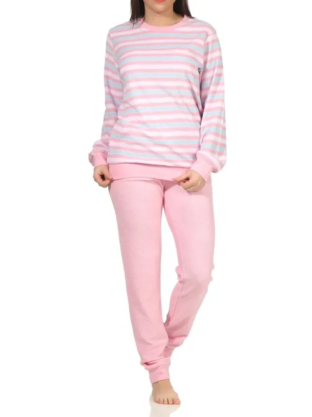 Normann Dames badstof pyjama met manchetten in elegante gestreepte look - ook in oversized rosa