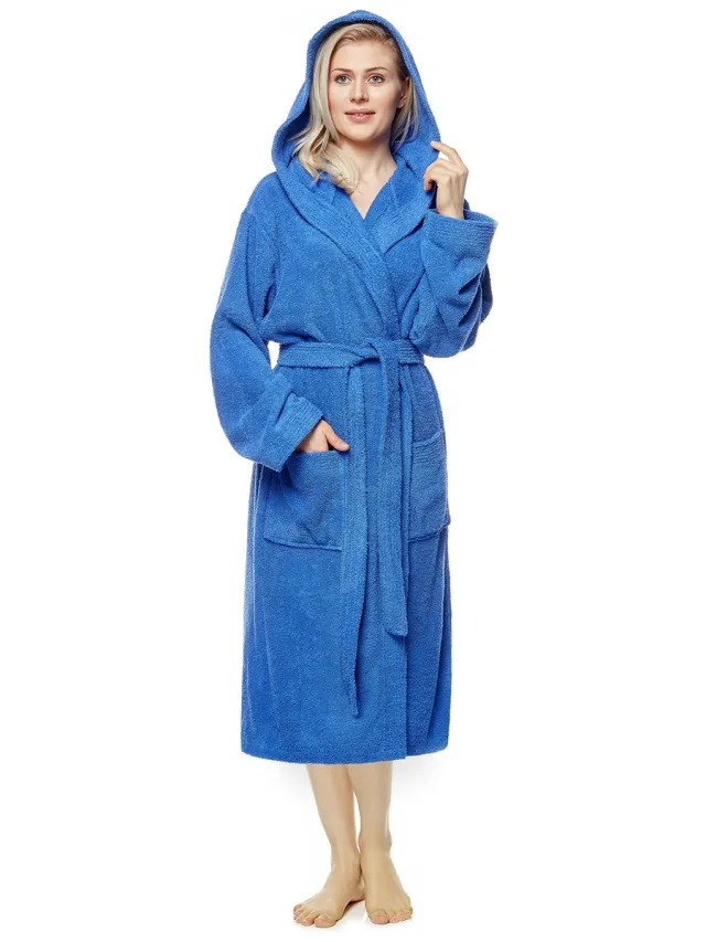 Ibenzoa Comfortabele en Luxe Damesbadjas met Capuchon voor Sauna en Wellness, 100% Katoen, Kuitlang of Enkel koningsblauw