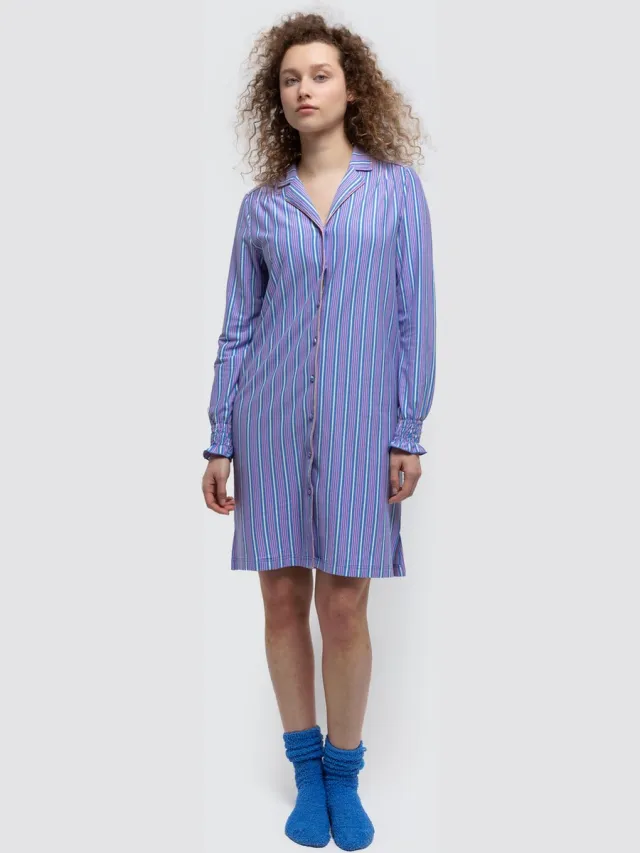 Lords & Lilies slaapkleed doorknoop dames - roze/blauw gestreept - 242-50-XDE-Z/987