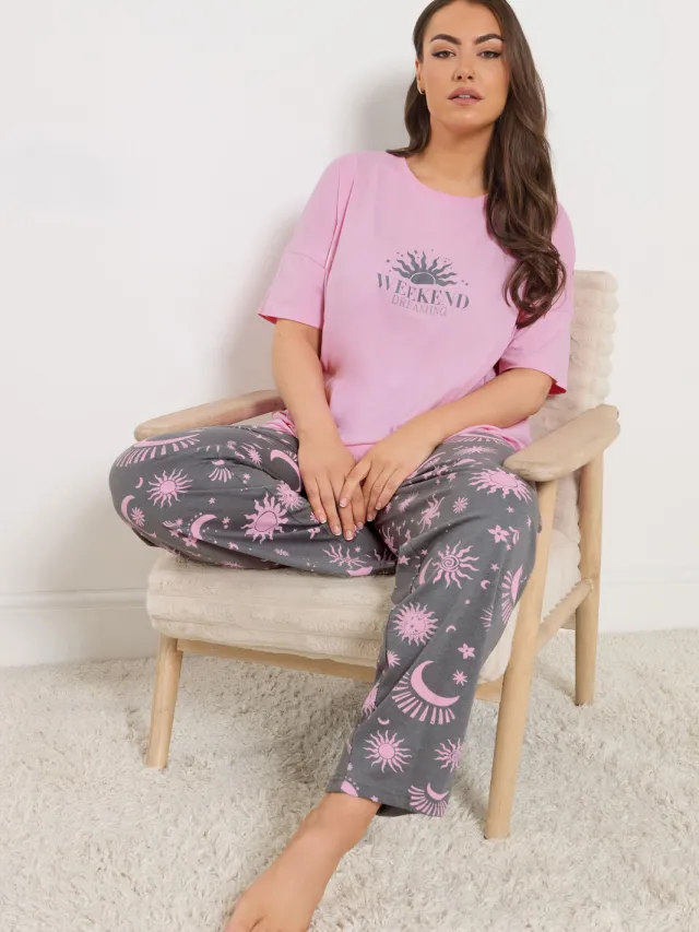 Yours Roze En Grijze 'Weekend Dreaming' Pyjamaset-52 Pink