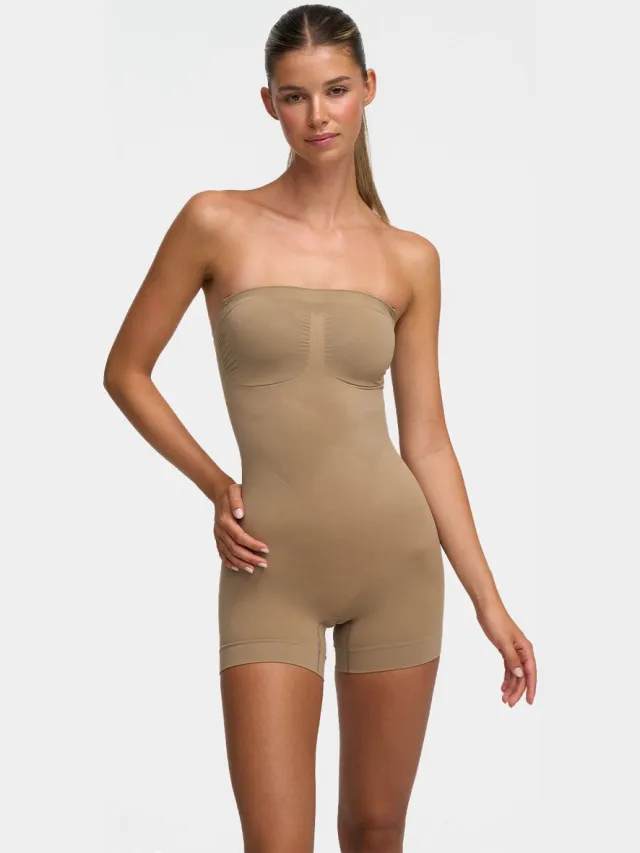 cfab Strapless corrigerende bodysuit met shortje - Donkerbeige - M - Corrigerende Body - Naadlos - corrigerend ondergoed dames
