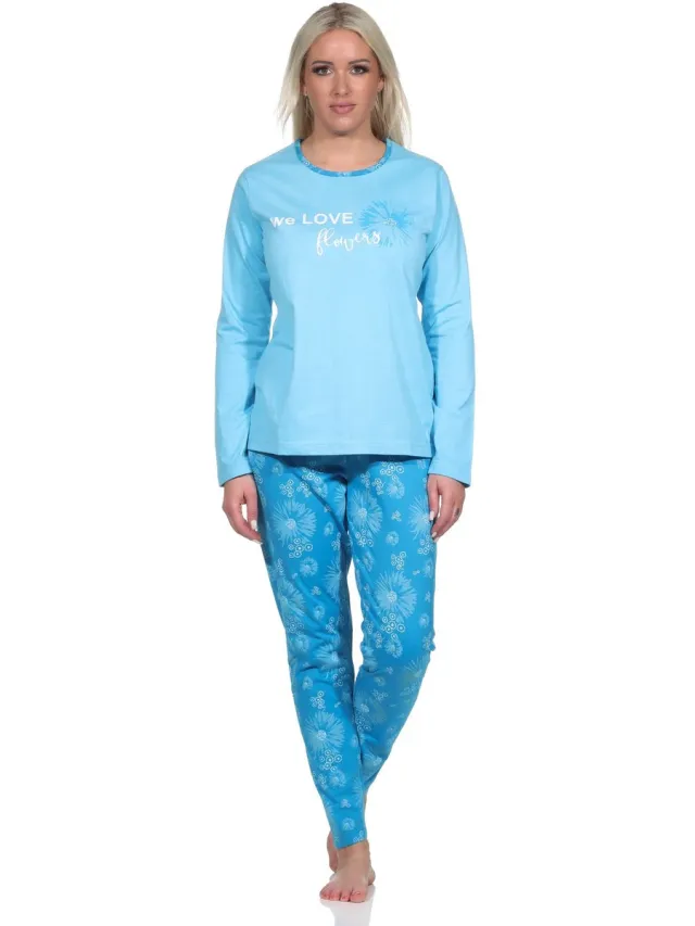 Normann Speelse lange damespyjama, pyjama met bloemenpatroon hellblau