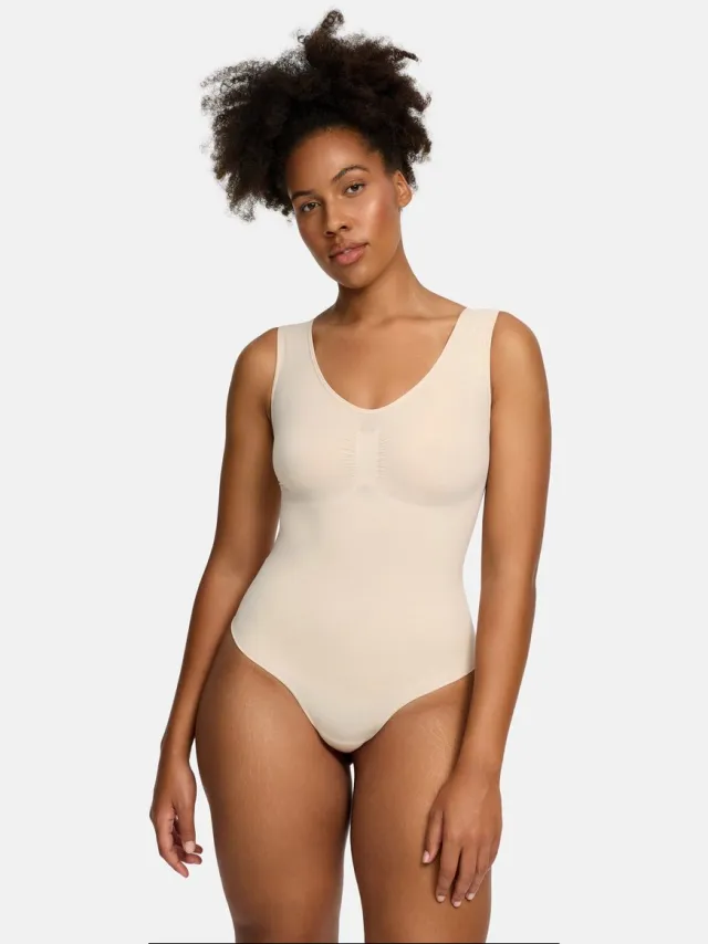 cfab Tanktop bodysuit met corrigerende werking en bandjes - Sand-L - Corrigerende Body - Naadlos - corrigerend ondergoed dames Zand
