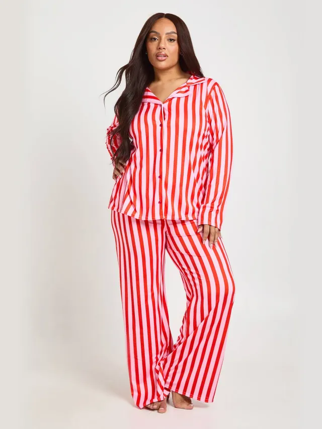 boohoo Dames Plus Gestreepte Print Lange Mouw & Broek Pyjama Set Roze