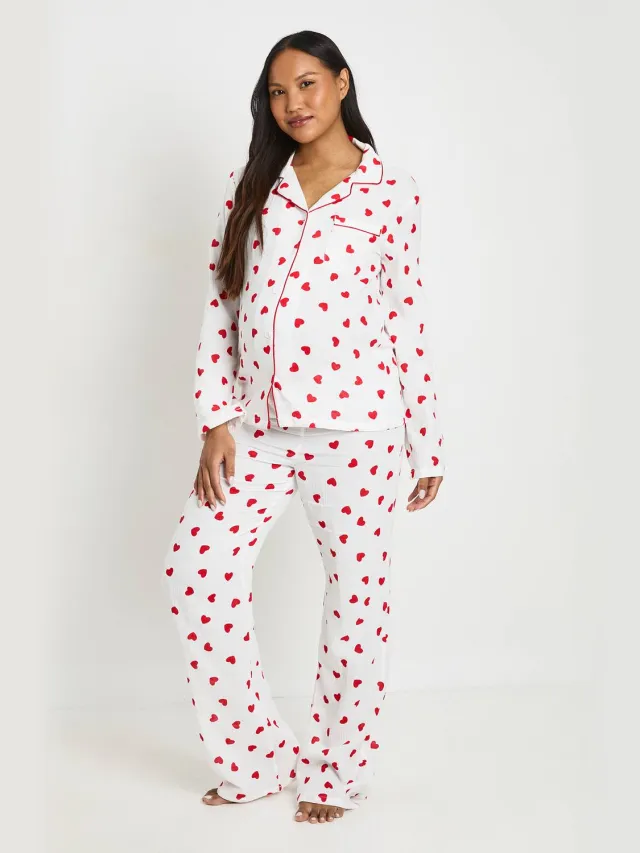 boohoo Dames Lange Pyjama Set Met Hartjesprint In Mousseline Met Shirt Met Lange Mouwen En Broek Wit