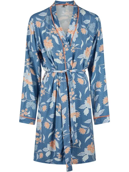 By Louise Dames kimono ochtendjas bamboe viscose blauw/oranje gebloemd, foto 2