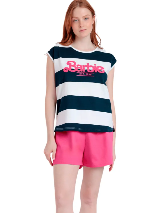Admas Barbie Stripes pyjamashort t-shirt blauw