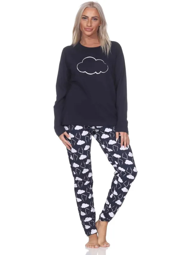 Normann dames pyjama lange mouwen pyjama in een relaxte look met wolkenmotief navy