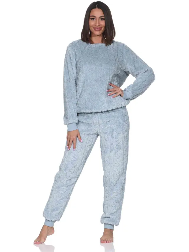 Normann Knuffelige warme damespyjama met lange mouwen en boorden van sherpa fleece hellblau