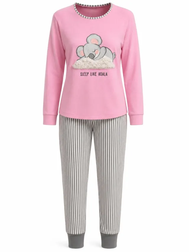 Gionettic Dames pyjama - 100% Katoen interlock - Lange Mouwen en Lange Broek Roze