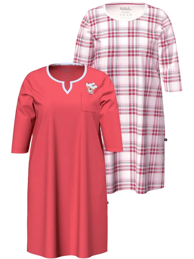 Ulla Popken Dames - Bigshirts set van 2 ruiten/reekalf ronde hals/tuniekhals - Roodbruin - Maat 58+