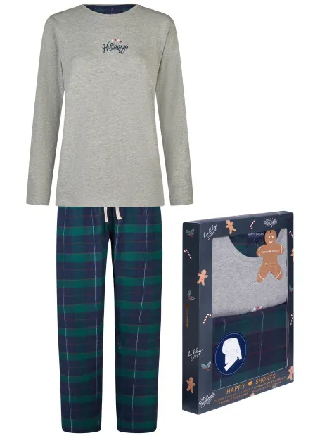happy shorts Dames kerst pyjama set shirt + broek giftbox grijs/groen geruit flanel Veelkleurig